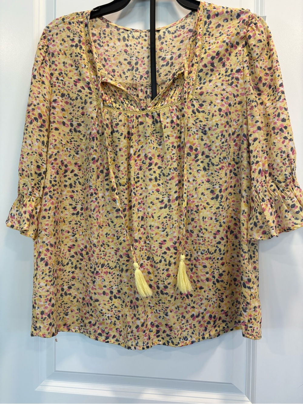 Women's Yellow Floral Tassel Peasant Top